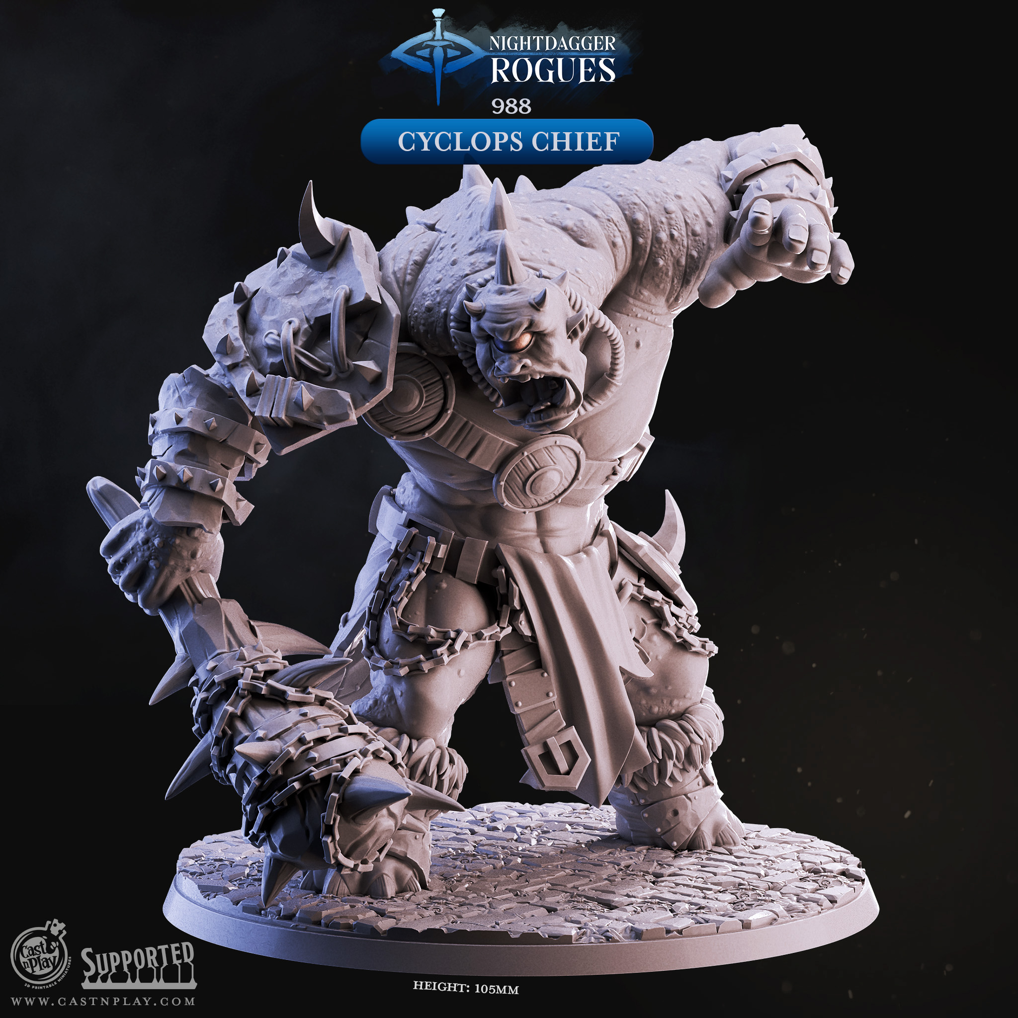 Face the terrifying Cyclops Chief! This massive 105mm tall boss monster is 3D printed in ABS-Like resin at 16K resolution. 100mm base included. The ultimate giant encounter for D&D and Pathfinder campaigns. Ships ready to paint!