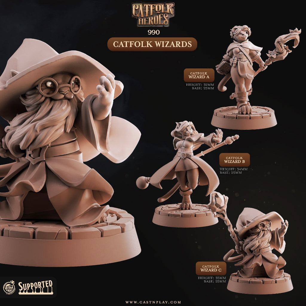3D printed Catfolk Wizard miniatures for D&D and tabletop RPGs, featuring three distinct Tabaxi spellcaster sculpts with staffs and wizard hats on 25mm bases by Cast N Play.