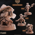 3D printed Catfolk Wizard miniatures for D&D and tabletop RPGs, featuring three distinct Tabaxi spellcaster sculpts with staffs and wizard hats on 25mm bases by Cast N Play.