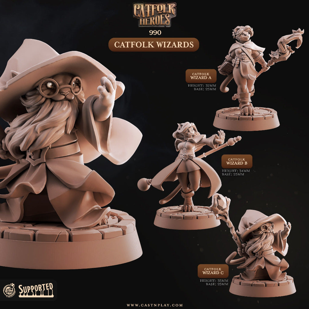 3D printed Catfolk Wizard miniatures for D&D and tabletop RPGs, featuring three distinct Tabaxi spellcaster sculpts with staffs and wizard hats on 25mm bases by Cast N Play.
