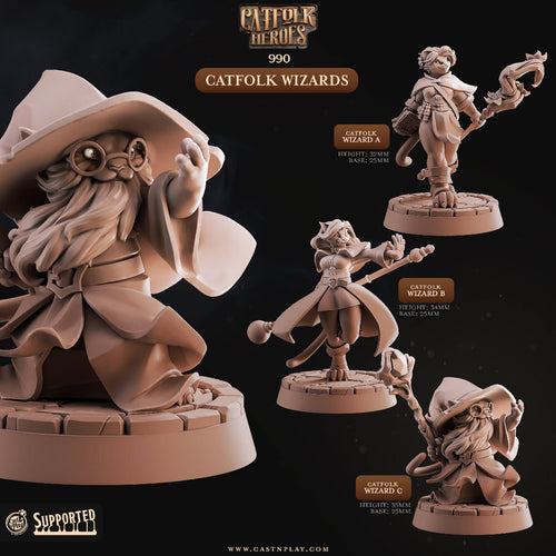 3D printed Catfolk Wizard miniatures for D&D and tabletop RPGs, featuring three distinct Tabaxi spellcaster sculpts with staffs and wizard hats on 25mm bases by Cast N Play.