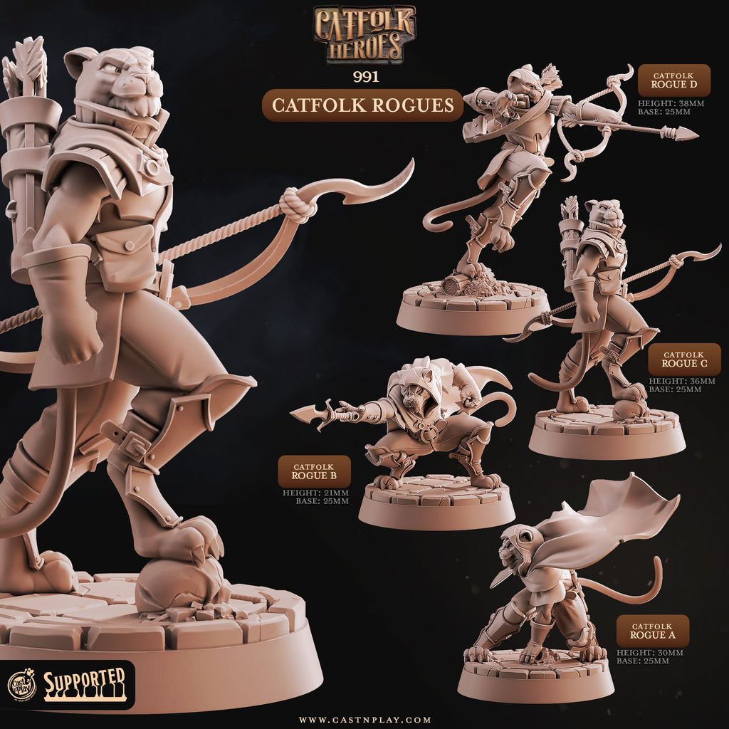 3D printed Catfolk Rogue miniatures for D&D and tabletop RPGs, showcasing four distinct Tabaxi rogue sculpts with bows, daggers, and stealthy poses on 25mm bases by Cast N Play.