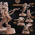 3D printed Catfolk Rogue miniatures for D&D and tabletop RPGs, showcasing four distinct Tabaxi rogue sculpts with bows, daggers, and stealthy poses on 25mm bases by Cast N Play.