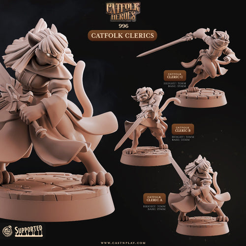 3D printed Catfolk Cleric miniatures for D&D and tabletop RPGs, featuring three distinct Tabaxi holy warrior sculpts with swords and shields on 25mm bases by Cast N Play.
