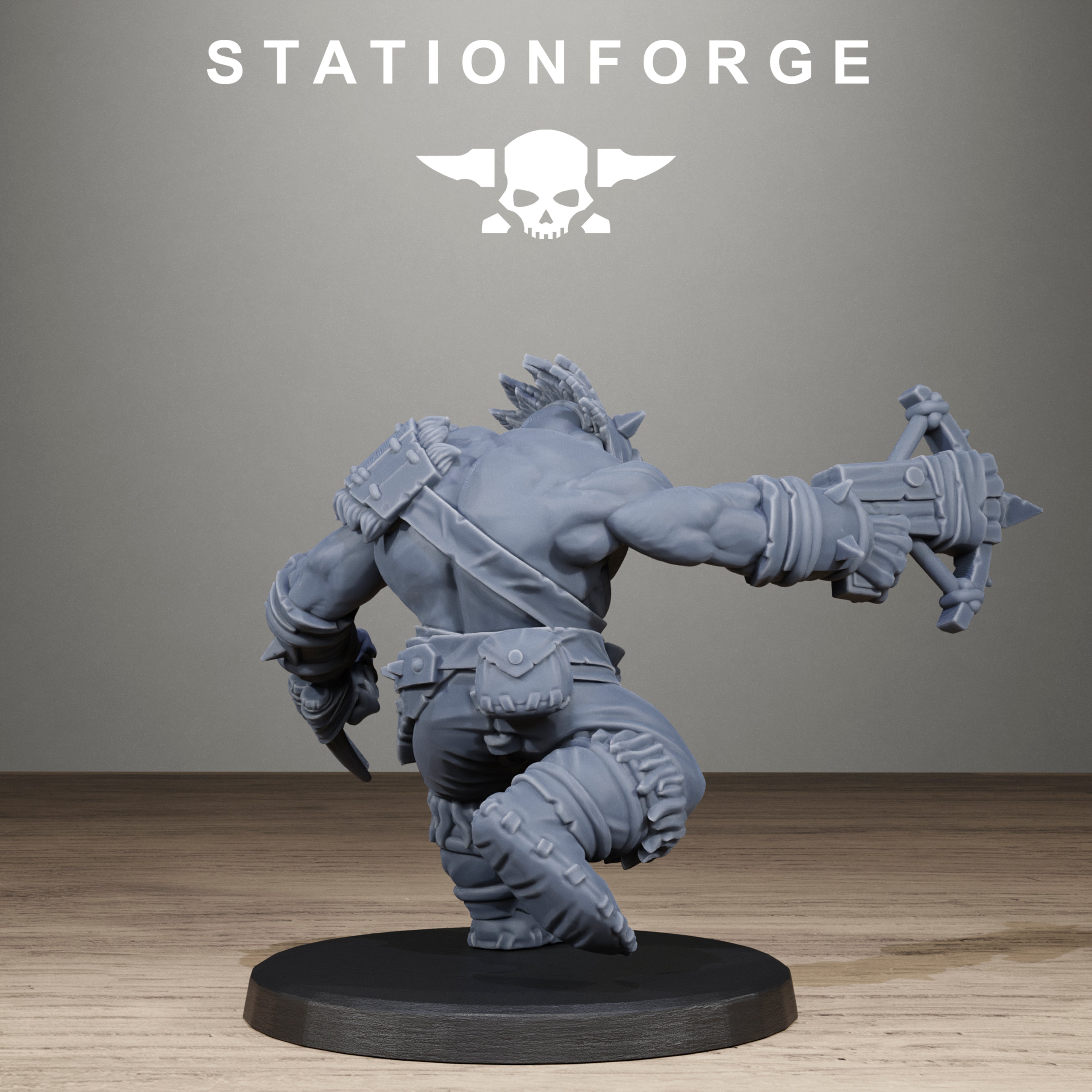 Gray figurine with a weapon on a black base against a gray background with 'Stationforge' logo.