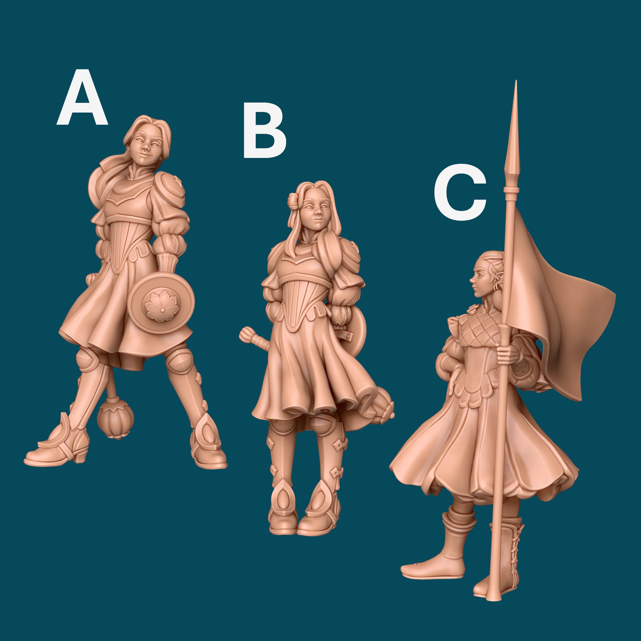Abby, Jinx, and Luna Cleric Trio | D&D Peace Cleric, Destruction Cleric, Elven Flag-Bearer | 16K Resin Heroic 32mm Scale