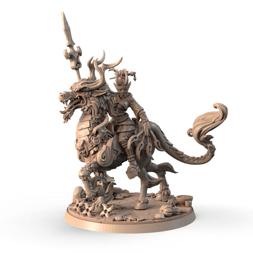 Akai Hana, Kirin Rider with Spear 3D printed 16K resin miniature for D&D and Pathfinder tabletop RPG, sculpted as a Tiefling, Dragon Fighter, Ranger in heroic 32mm scale with ABS-Like durable resin.