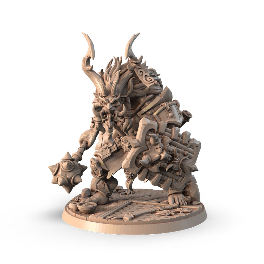 Akai Oni with Mace 3D printed 16K resin miniature for D&D and Pathfinder tabletop RPG, sculpted as a Monster, Fiends & Celestials Fighter, Barbarian in heroic 32mm scale with ABS-Like durable resin.