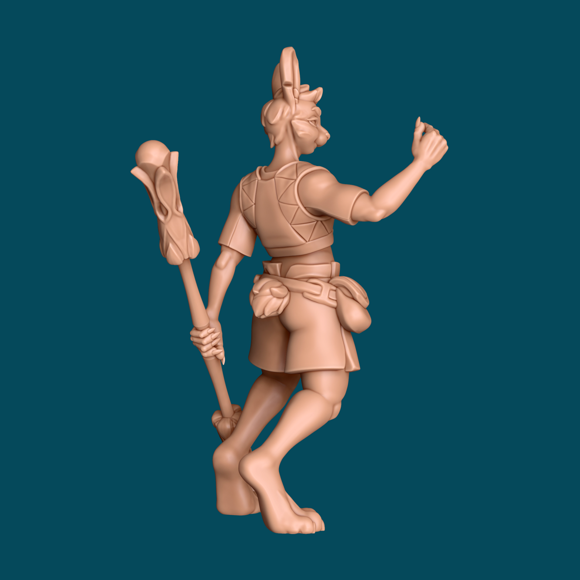 Rear view of Frederick, a harengon rabbit-folk monk 3D printed miniature in detailed resin, showcasing equipment and digitigrade legs for D&D tabletop RPG.