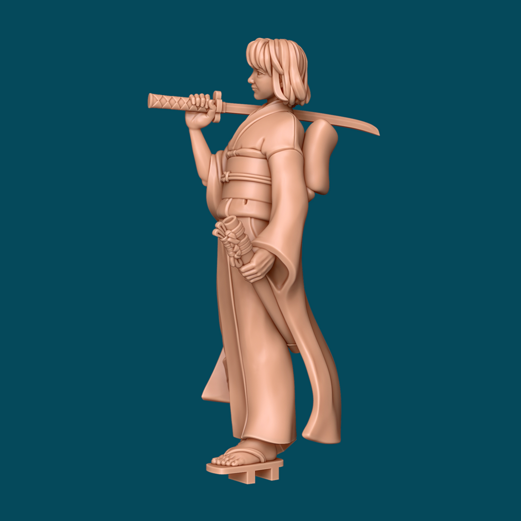 Rear view of Hayate ronin miniature showing flowing kimono fabric, large bow sash, and wooden sandals
