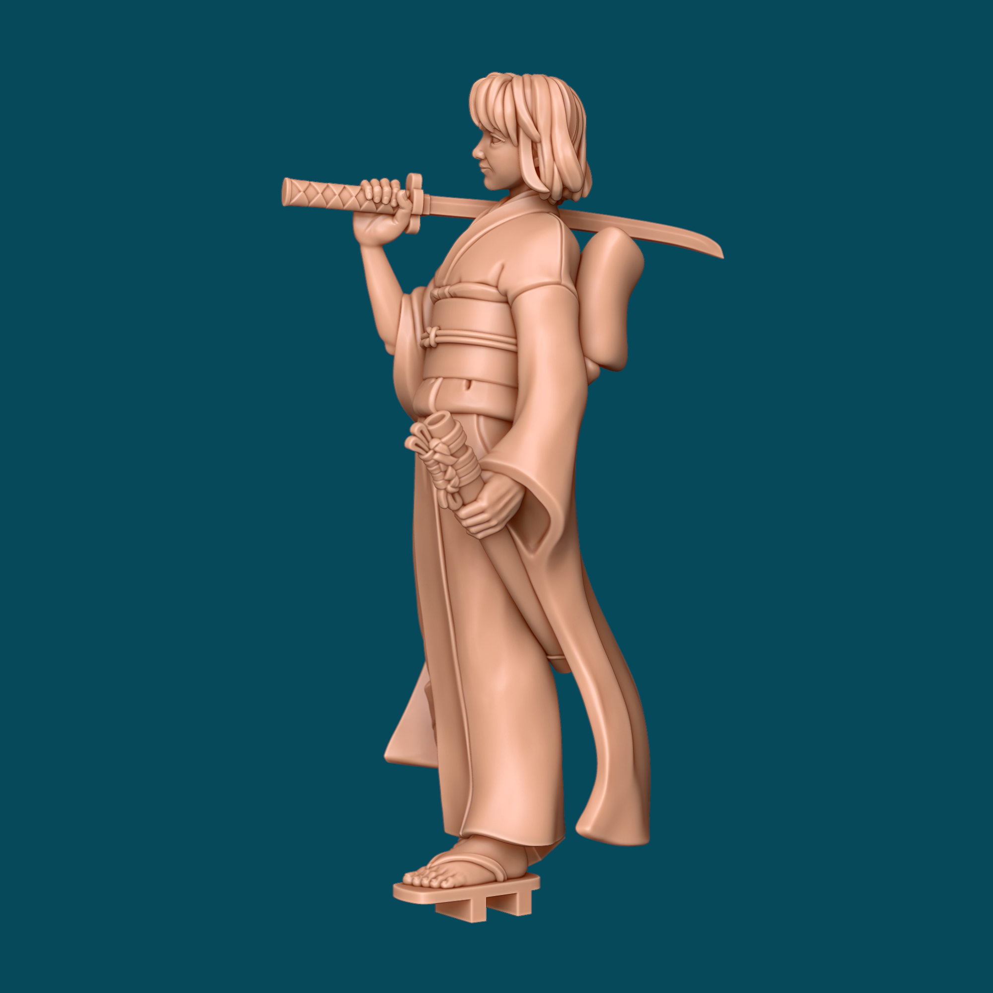 Rear view of Hayate ronin miniature showing flowing kimono fabric, large bow sash, and wooden sandals
