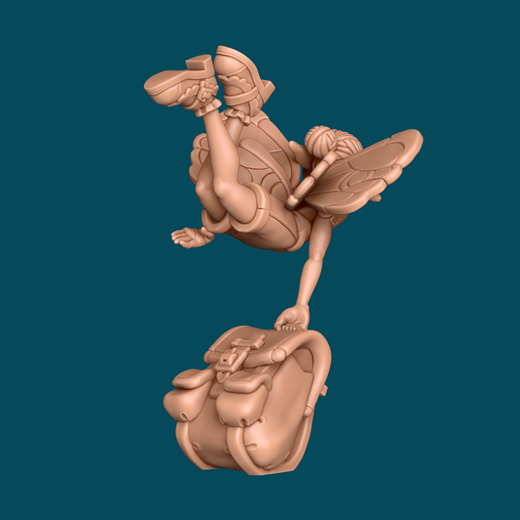3D printed miniature alternate angle of Lavender, a pixie professor showing the full flying pose with wings spread and bag dangling below, a resin D&D and tabletop RPG miniature at heroic 32mm scale.