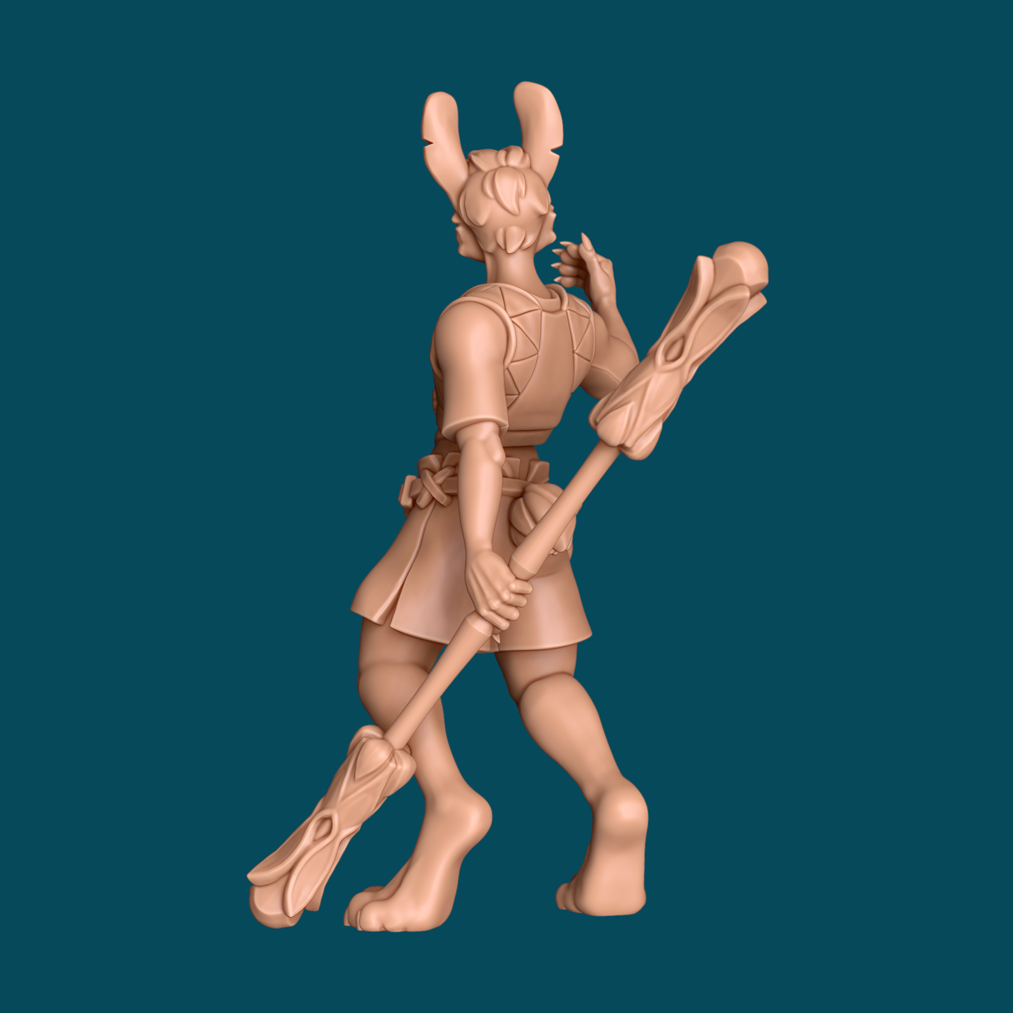 Alternate angle view of Frederick, a harengon monk 3D printed resin miniature showing rabbit-folk details and martial arts gear for D&D tabletop RPG at 32mm scale.
