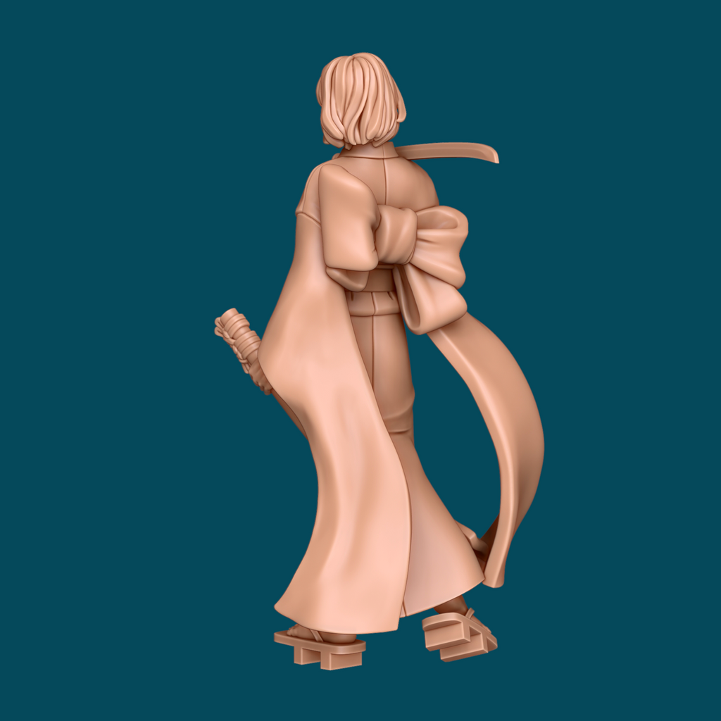 Back angle view of Hayate ronin miniature displaying katana blade across the shoulders and detailed kimono sculpt
