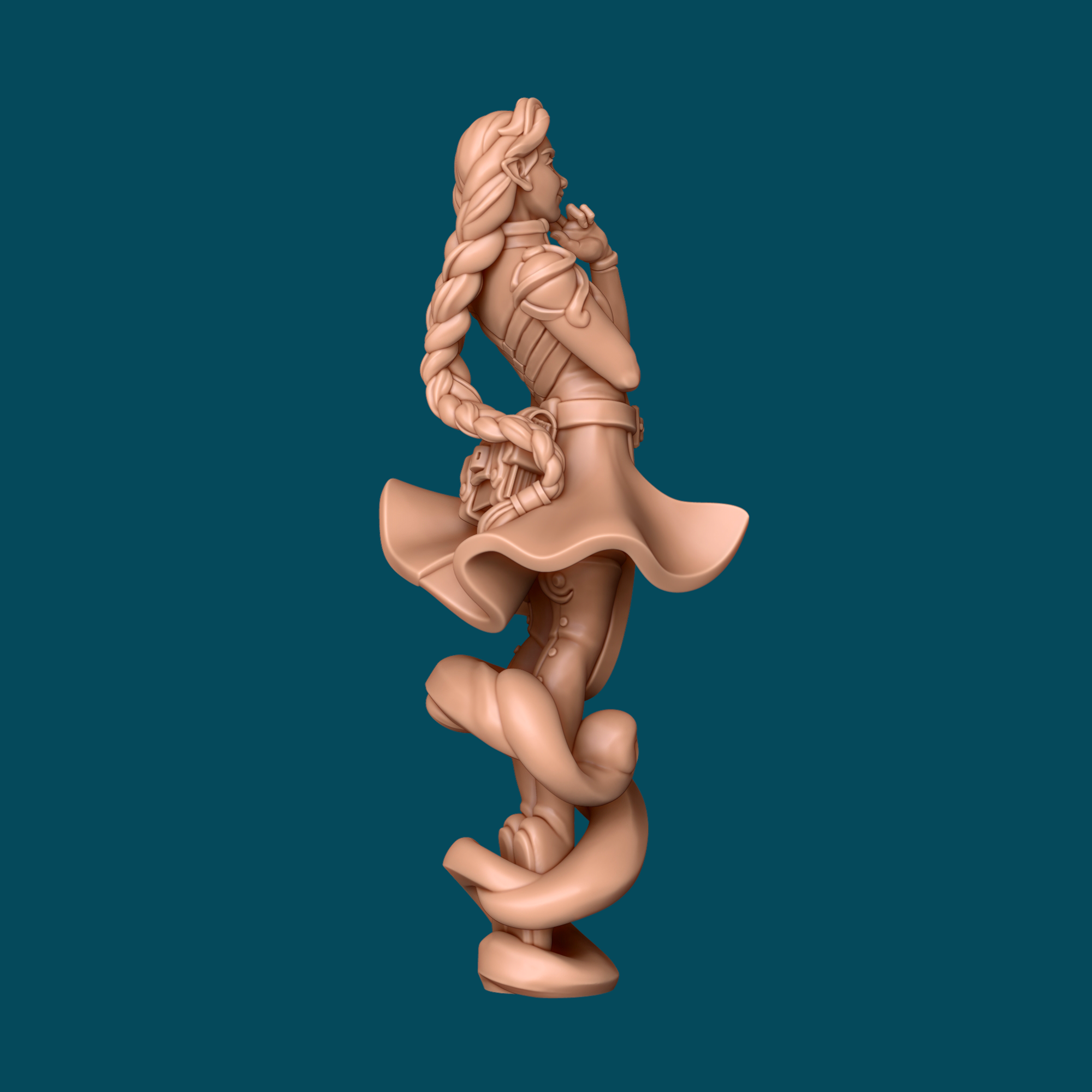 
Alternate angle view of Foehn, an airy mage 3D printed resin miniature hovering on wind spirals, ideal for D&D spellcaster characters in tabletop RPG at 32mm scale.
