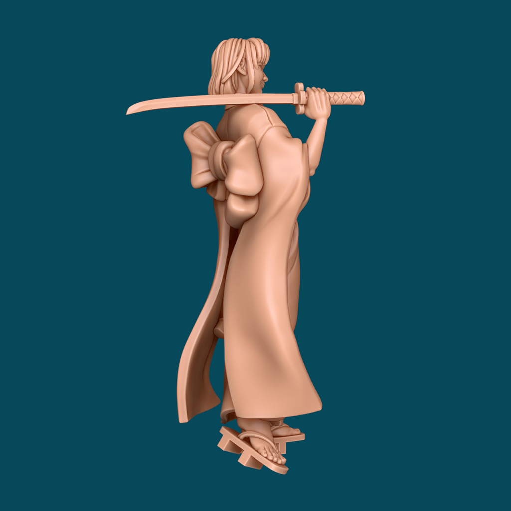 
Side view of Hayate ronin miniature showing katana resting over shoulder and detailed kimono sash from the right side
