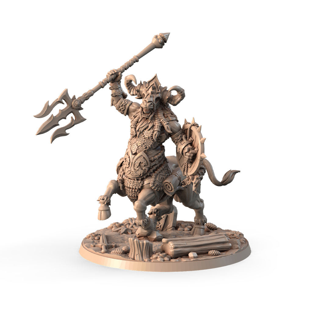 Cadfaer, Minocentaur with Trident 3D printed 16K resin miniature for D&D and Pathfinder tabletop RPG, sculpted as a Centaur, Minotaur Fighter, Barbarian in heroic 32mm scale with ABS-Like durable resin.