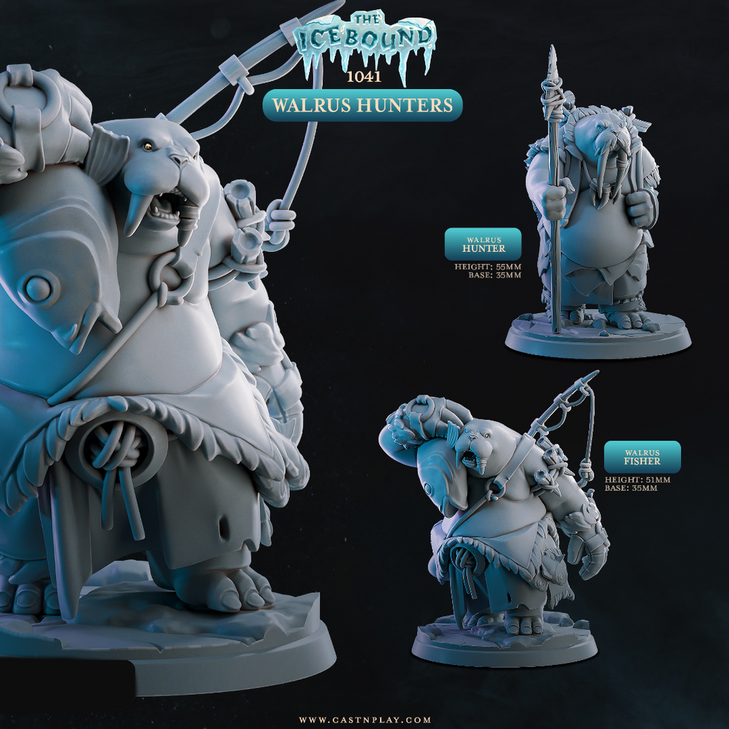 Walrus hunter miniatures 3D printed in 16K resin for D&D and Pathfinder tabletop RPG, featuring armored Hunter with ice hooks and Fisher with spear in heroic 32mm scale.