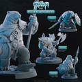 Polar bear warrior miniatures 3D printed in 16K resin for D&D and Pathfinder tabletop RPG, featuring Striker, Frontliner, and Vanguard poses with axes, swords, and shields in heroic 32mm scale.
