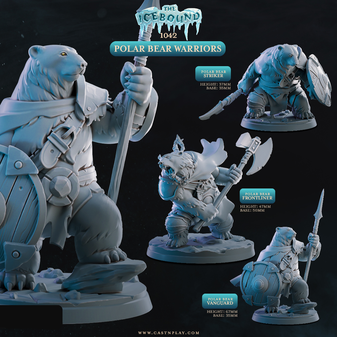 Polar bear warrior miniatures 3D printed in 16K resin for D&D and Pathfinder tabletop RPG, featuring Striker, Frontliner, and Vanguard poses with axes, swords, and shields in heroic 32mm scale.
