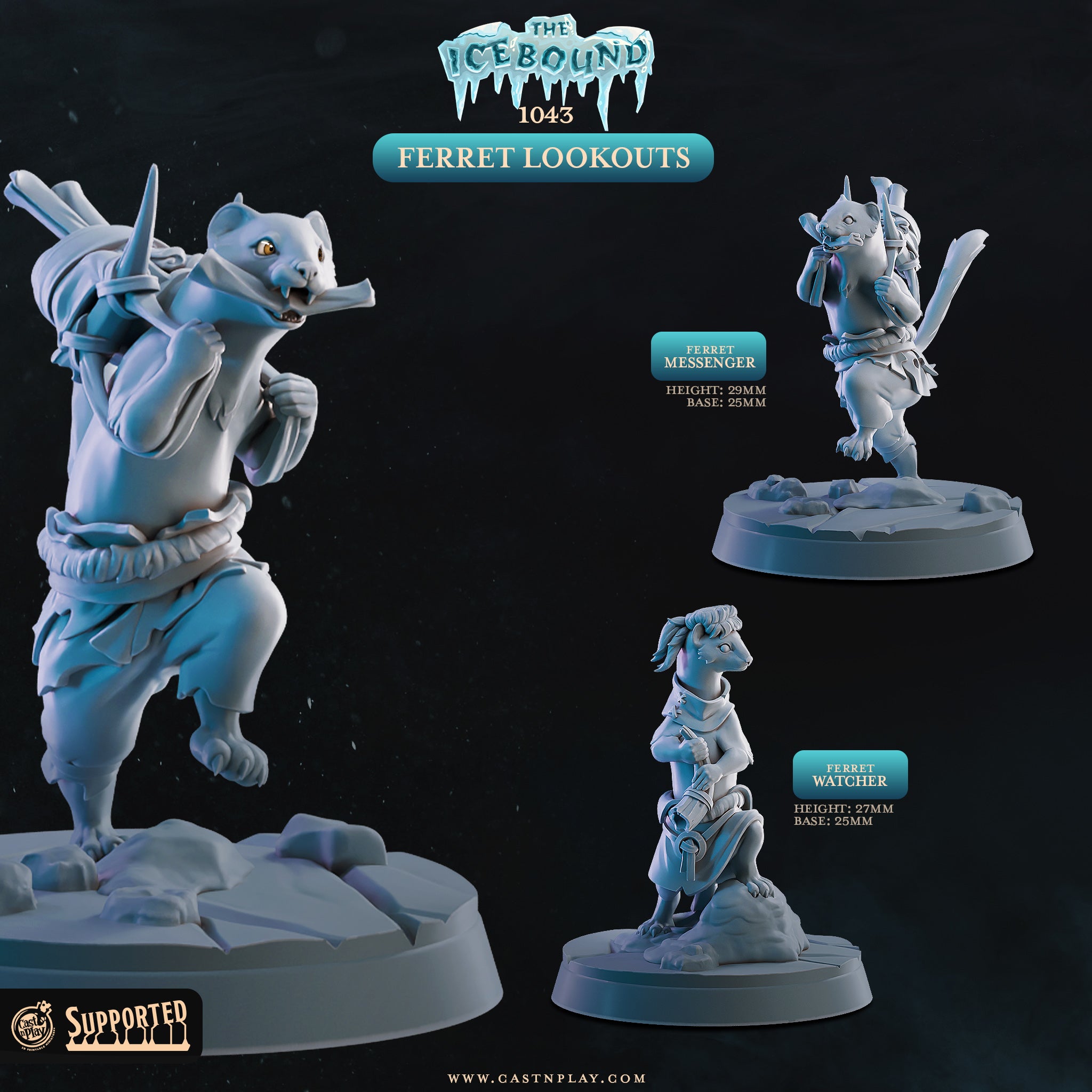 3D printed ferret lookout miniatures for D&D and Pathfinder tabletop RPG, featuring Messenger and Watcher scouts in heroic 32mm scale resin with arctic theme.