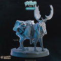 3D printed Ice Elk mount miniature with antlers and travel packs for D&D and Pathfinder tabletop RPG, a majestic arctic beast in heroic 32mm scale resin standing 58mm tall on a 50mm base.
