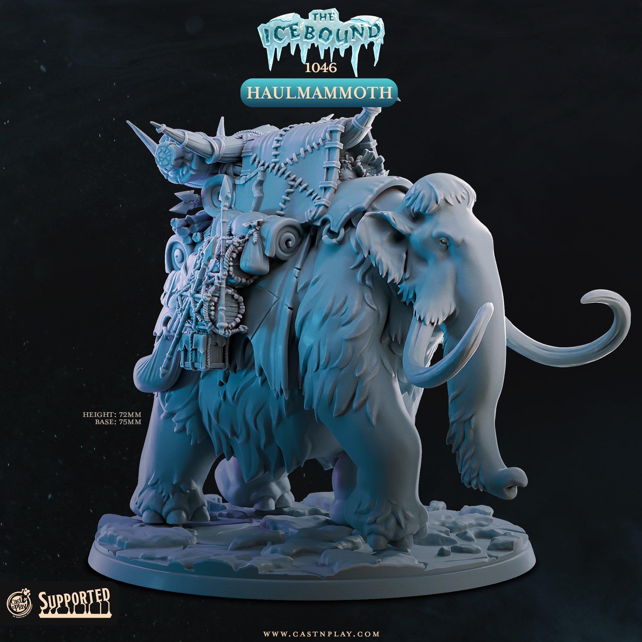 3D printed Haulmammoth miniature, a massive war mammoth carrying supplies and gear on its back, ideal for D&D tabletop RPG encounters or Pathfinder arctic campaigns. Resin miniature on a 75mm textured base from The Icebound collection by Cast n Play, standing 72mm tall at 32mm heroic scale.