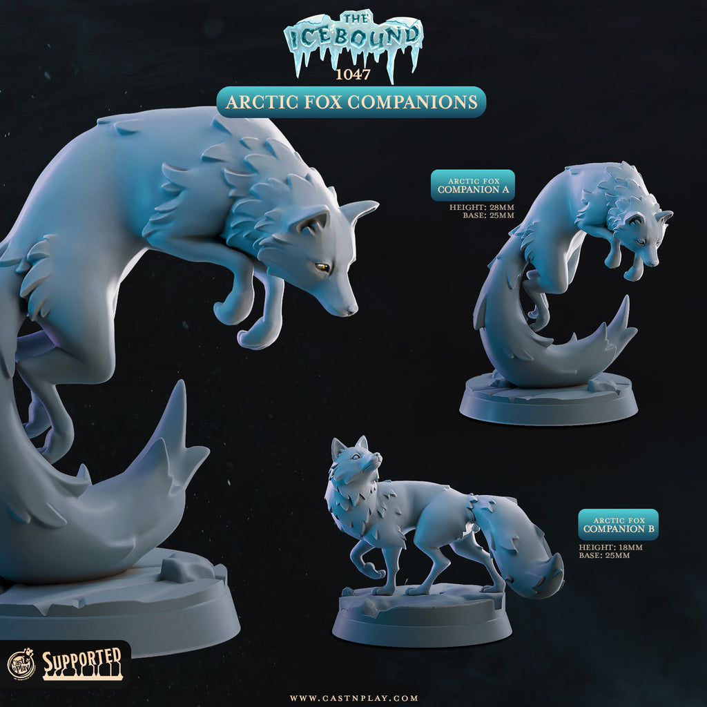 3D printed Arctic Fox Companions miniature set featuring two distinct fox sculpts in dynamic poses, perfect for D&D familiar or animal companion encounters in tabletop RPG and Pathfinder campaigns. Resin miniatures on 25mm bases from The Icebound collection by Cast n Play at 32mm heroic scale.