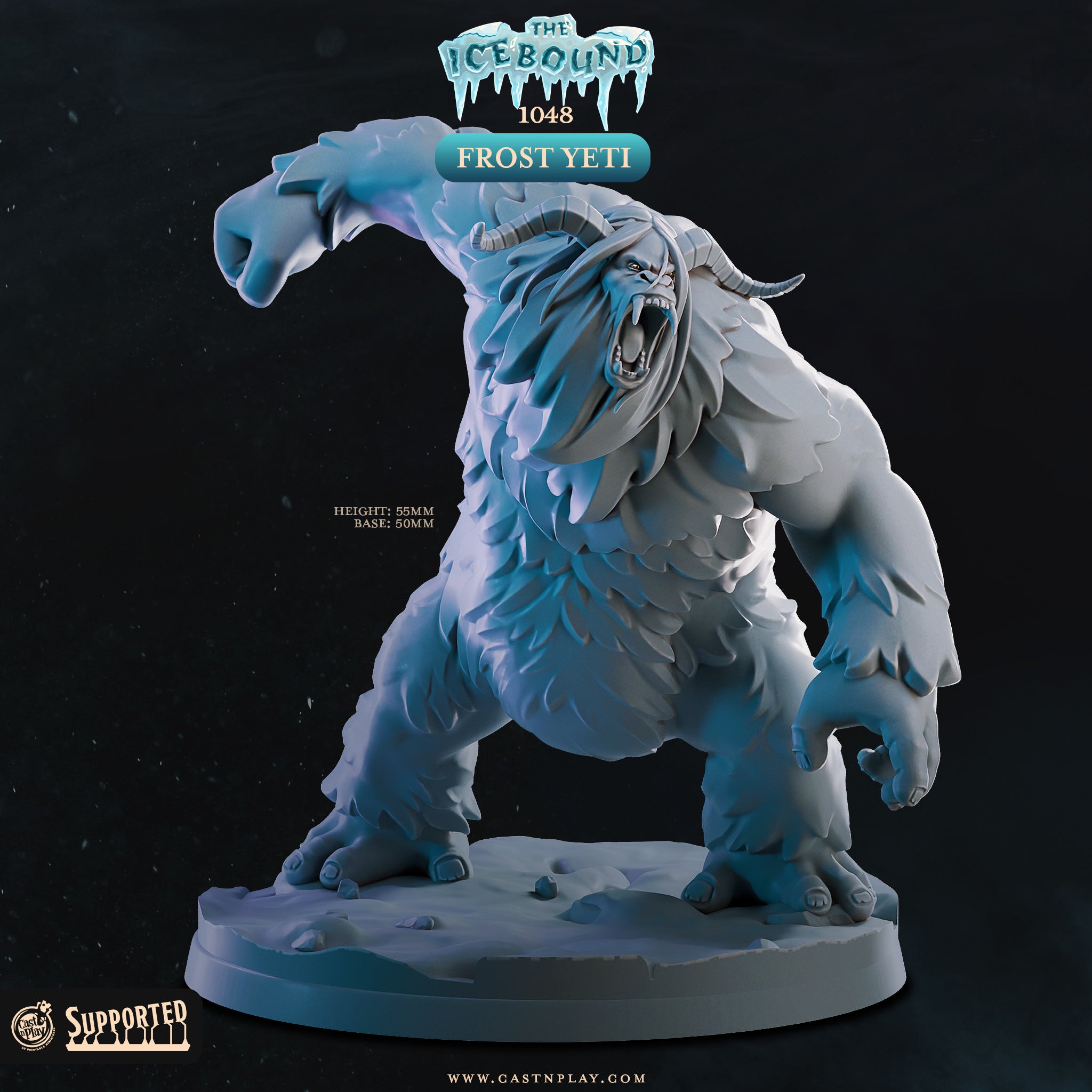 3D printed Frost Yeti miniature, a hulking horned beast roaring with one arm raised in a menacing pose, perfect for D&D tabletop RPG winter encounters or Pathfinder arctic campaigns. Resin miniature on a 50mm textured base from The Icebound collection by Cast n Play, standing 55mm tall at 32mm heroic scale.