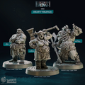 3D printed Heavy Vikings miniature set featuring three large Norse warrior sculpts including Big Man, Big Woman, and Big Old Orc, ideal for D&D tabletop RPG or Pathfinder campaigns with oversized fighters. Resin miniatures on 35mm bases from the Northwind Vikings collection by Cast n Play at 32mm heroic scale.