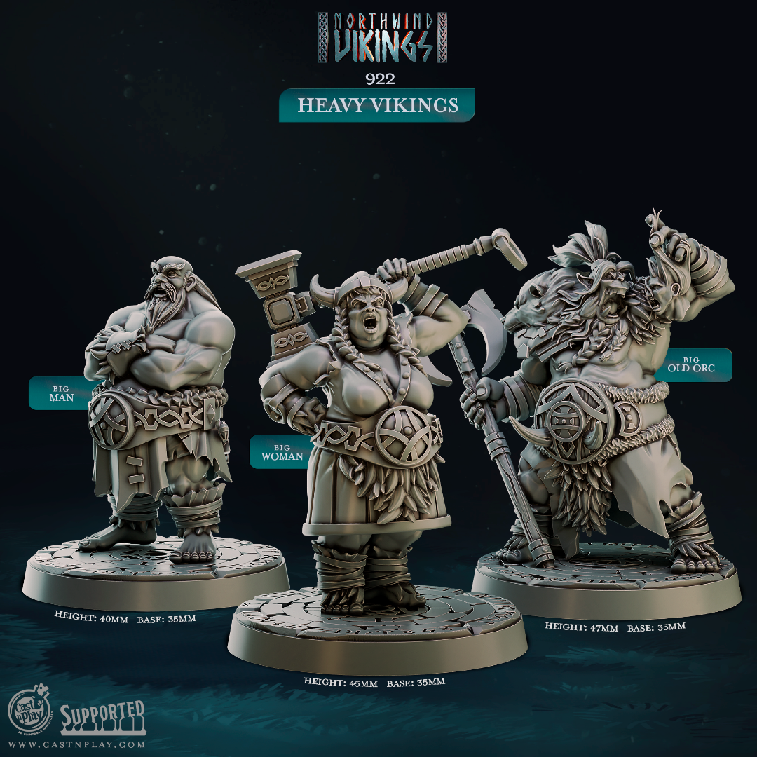 3D printed Heavy Vikings miniature set featuring three large Norse warrior sculpts including Big Man, Big Woman, and Big Old Orc, ideal for D&D tabletop RPG or Pathfinder campaigns with oversized fighters. Resin miniatures on 35mm bases from the Northwind Vikings collection by Cast n Play at 32mm heroic scale.