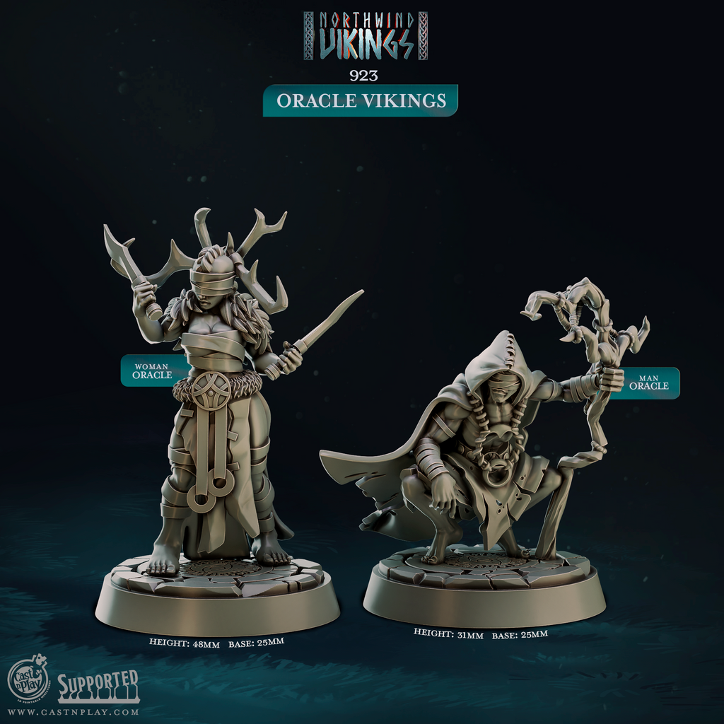 3D printed miniature Oracle Vikings set featuring two resin sculpts for D&D, Pathfinder, and tabletop RPG games. Woman Oracle with antler headdress and staff stands beside crouching Man Oracle with mystic serpent familiar, from the Northwind Vikings collection by Cast N Play.