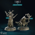 3D printed miniature Oracle Vikings set featuring two resin sculpts for D&D, Pathfinder, and tabletop RPG games. Woman Oracle with antler headdress and staff stands beside crouching Man Oracle with mystic serpent familiar, from the Northwind Vikings collection by Cast N Play.