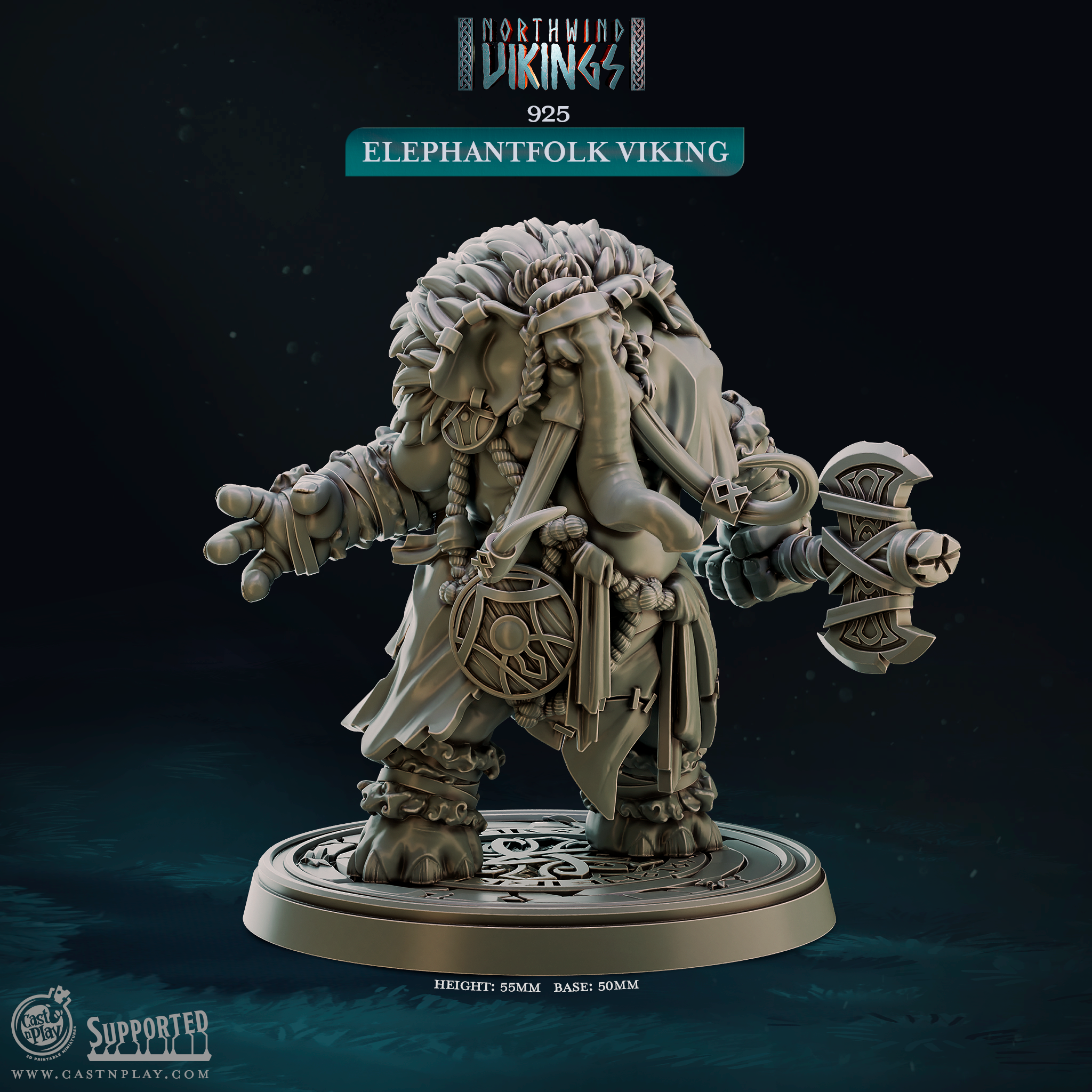 3D printed miniature Elephantfolk Viking resin sculpt for D&D, Pathfinder, and tabletop RPG games. A massive Loxodon warrior wielding a battle axe and round shield with Norse-inspired armor and braided tusks, from the Northwind Vikings collection by Cast N Play.