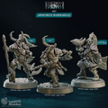 3D printed miniature Armored Barbarian set featuring three resin Viking warrior sculpts for D&D, Pathfinder, and tabletop RPG games. Includes Holding Axe, Two Hand Axe, and Viking With Crow variants in heavy Norse armor, from the Northwind Vikings collection by Cast N Play.