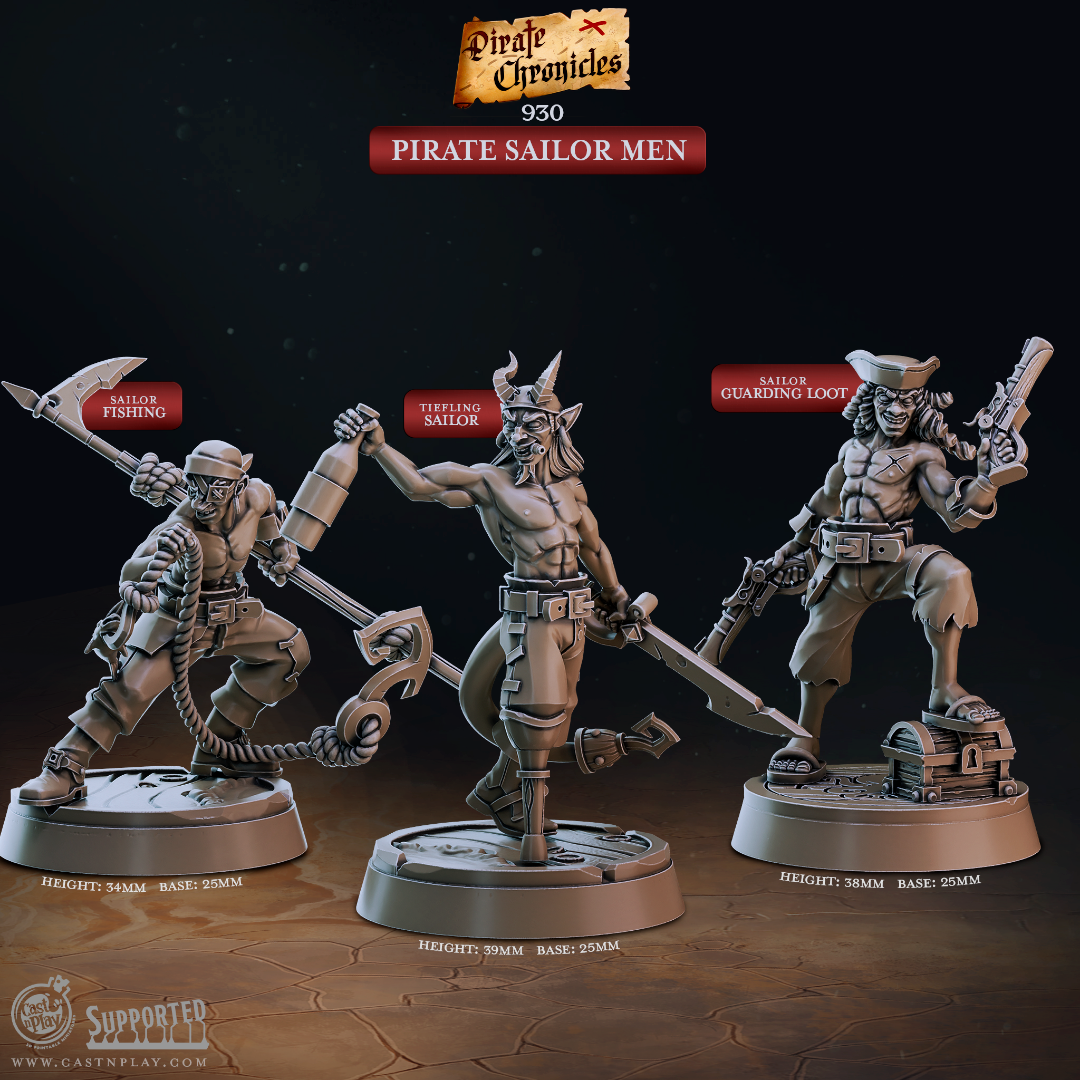 3D printed miniature Pirate Sailor Men set featuring three resin sculpts for D&D, Pathfinder, and tabletop RPG games. Includes Sailor Fishing with harpoon and rope, Tiefling Sailor with anchor and sword, and Sailor Guarding Loot with pistol and blunderbuss, from the Pirate Chronicles collection by Cast N Play.
