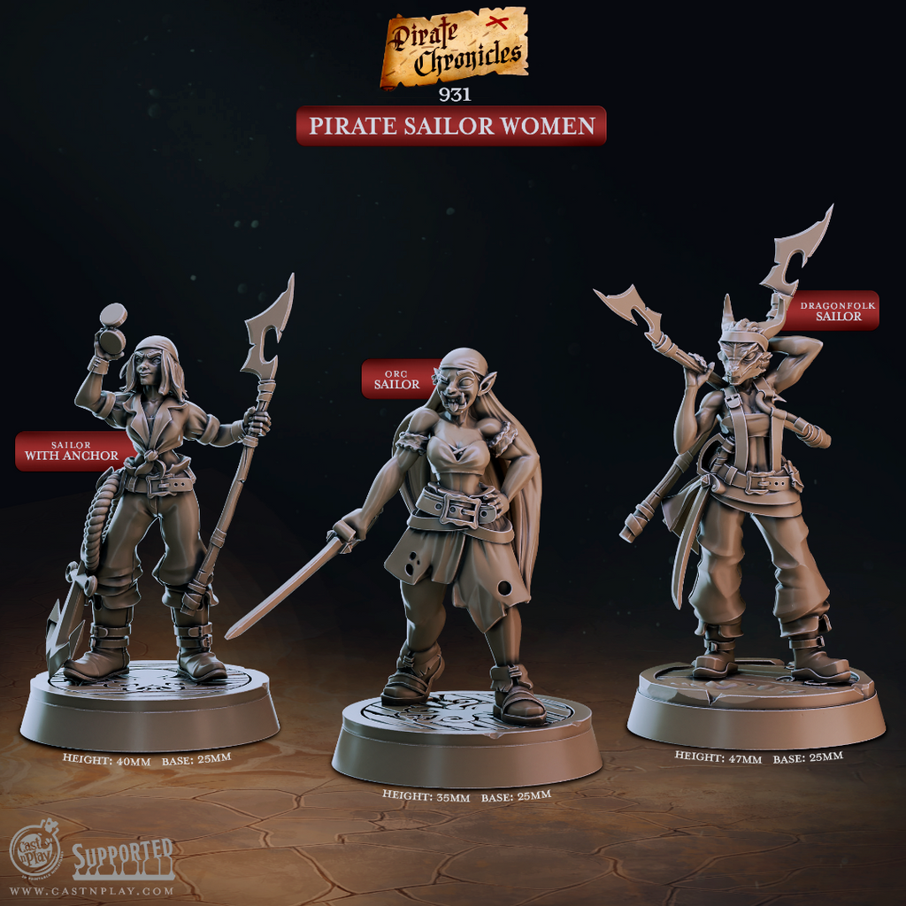 3D printed miniature set of three pirate sailor women for D&D and tabletop RPG, featuring an orc sailor with cutlass, a human sailor with anchor weapon, and a dragonfolk sailor with halberd, from the Pirate Chronicles collection by Cast n Play.
