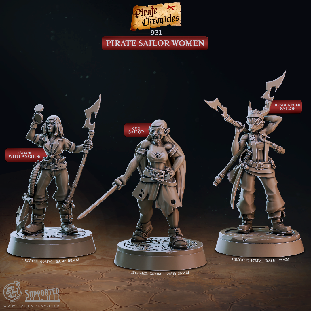 3D printed miniature set of three pirate sailor women for D&D and tabletop RPG, featuring an orc sailor with cutlass, a human sailor with anchor weapon, and a dragonfolk sailor with halberd, from the Pirate Chronicles collection by Cast n Play.
