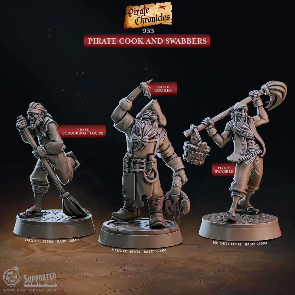 3D printed miniature set of three pirate cook and swabbers for D&D and tabletop RPG, featuring a pirate cooker with cleaver and basket, a pirate scrubbing floors with mop, and a pirate swabber with mop over shoulder, from the Pirate Chronicles collection by Cast n Play.