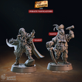 3D printed miniature set of two pirate navigators for D&D and tabletop RPG, featuring a mindflayer first officer with tentacles and curved blade, and a birdfolk ship master holding a spyglass, from the Pirate Chronicles collection by Cast n Play.
