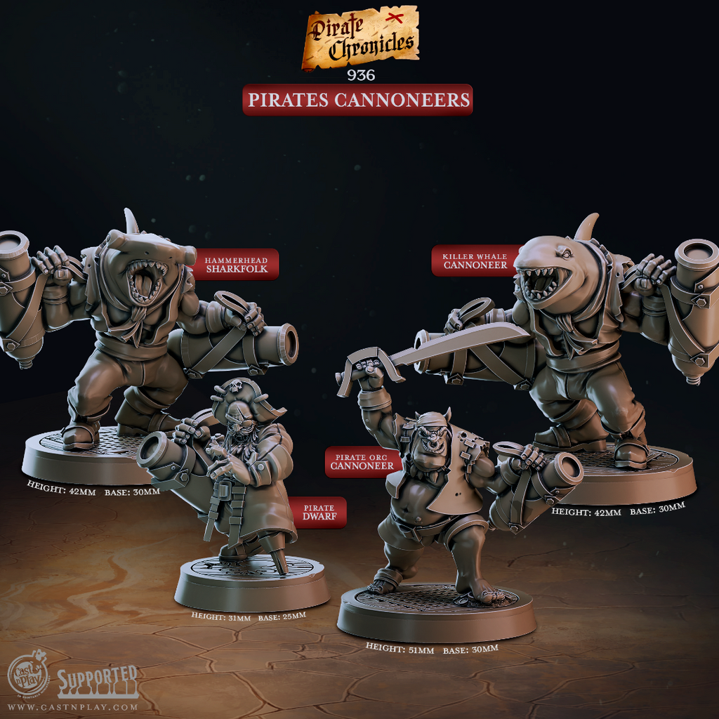 3D printed miniature set of four pirate cannoneers for D&D and tabletop RPG, featuring a hammerhead sharkfolk with cannon, a killer whale cannoneer, a pirate orc cannoneer with sword and cannon, and a dwarf pirate with hand cannon, from the Pirate Chronicles collection by Cast n Play.
