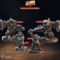 3D printed miniature set of four pirate cannoneers for D&D and tabletop RPG, featuring a hammerhead sharkfolk with cannon, a killer whale cannoneer, a pirate orc cannoneer with sword and cannon, and a dwarf pirate with hand cannon, from the Pirate Chronicles collection by Cast n Play.