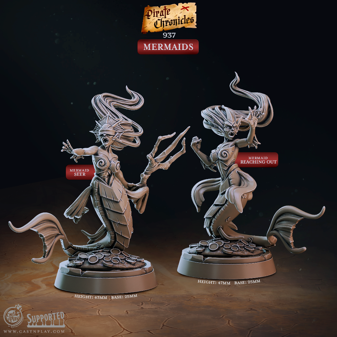 3D printed Mermaid miniatures for D&D and tabletop RPG, featuring two resin sculpts -- Mermaid Seer and Mermaid Reaching Out -- displayed on 25mm bases from the Pirate Chronicles collection by Cast N Play.