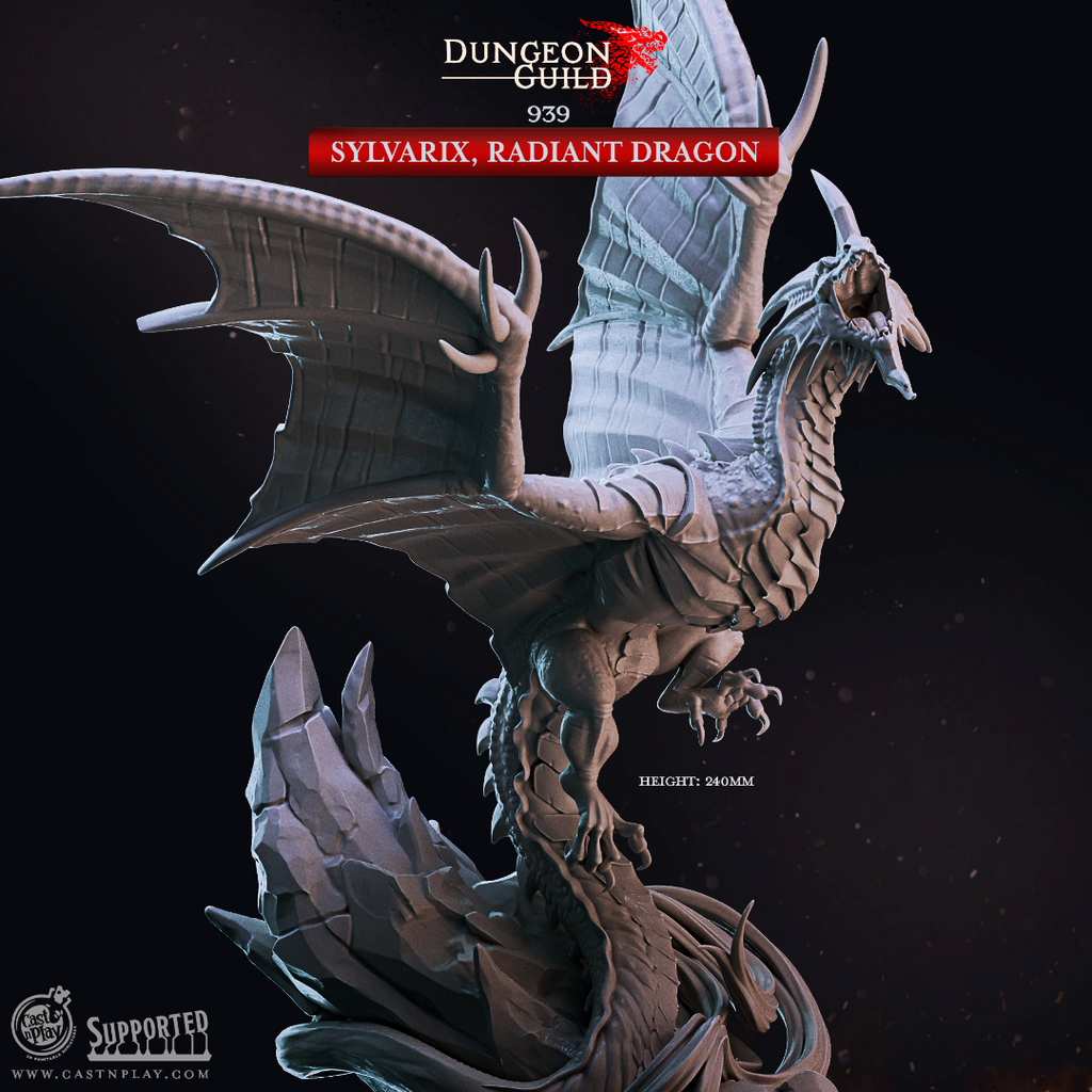 3D printed Sylvarix Radiant Dragon miniature for D&D and Pathfinder tabletop RPG, a massive 240mm resin boss monster dragon perched on a rocky outcrop with wings spread, from the Dungeon Guild collection by Cast N Play.