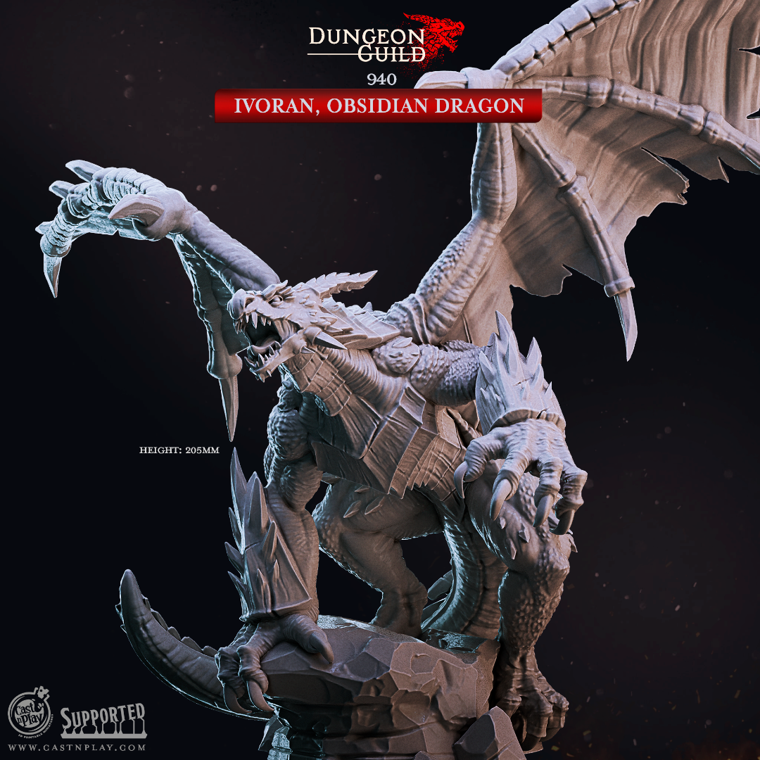 3D printed Ivoran Obsidian Dragon miniature for D&D and Pathfinder tabletop RPG, a towering 205mm resin boss monster with massive wings, twin heads, and rocky base detail, from the Dungeon Guild collection by Cast N Play.
