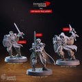 3D printed Human Paladin miniatures for D&D and Pathfinder tabletop RPG, featuring three resin sculpt poses -- Thrusting, Stance, and Hooded -- armored knights with swords and shields on 30mm bases, from the Dungeon Guild collection by Cast N Play.
