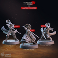 3D printed Vampire Fighter miniatures for D&D and Pathfinder tabletop RPG, featuring three female resin sculpt poses -- Poising, Lady, and Dodging -- gothic undead warriors with swords on 30mm bases, from the Dungeon Guild collection by Cast N Play.