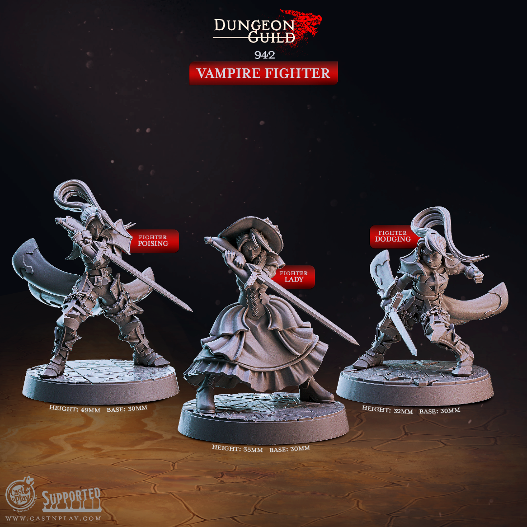3D printed Vampire Fighter miniatures for D&D and Pathfinder tabletop RPG, featuring three female resin sculpt poses -- Poising, Lady, and Dodging -- gothic undead warriors with swords on 30mm bases, from the Dungeon Guild collection by Cast N Play.