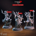 3D printed Tiefling Sorcerer miniature set featuring three distinct resin sculpts in heroic 32mm scale, ideal for D&D, Pathfinder, and tabletop RPG campaigns. Includes Spellslinger, Master, and Stance poses on textured 25mm bases from the Dungeon Guild collection.