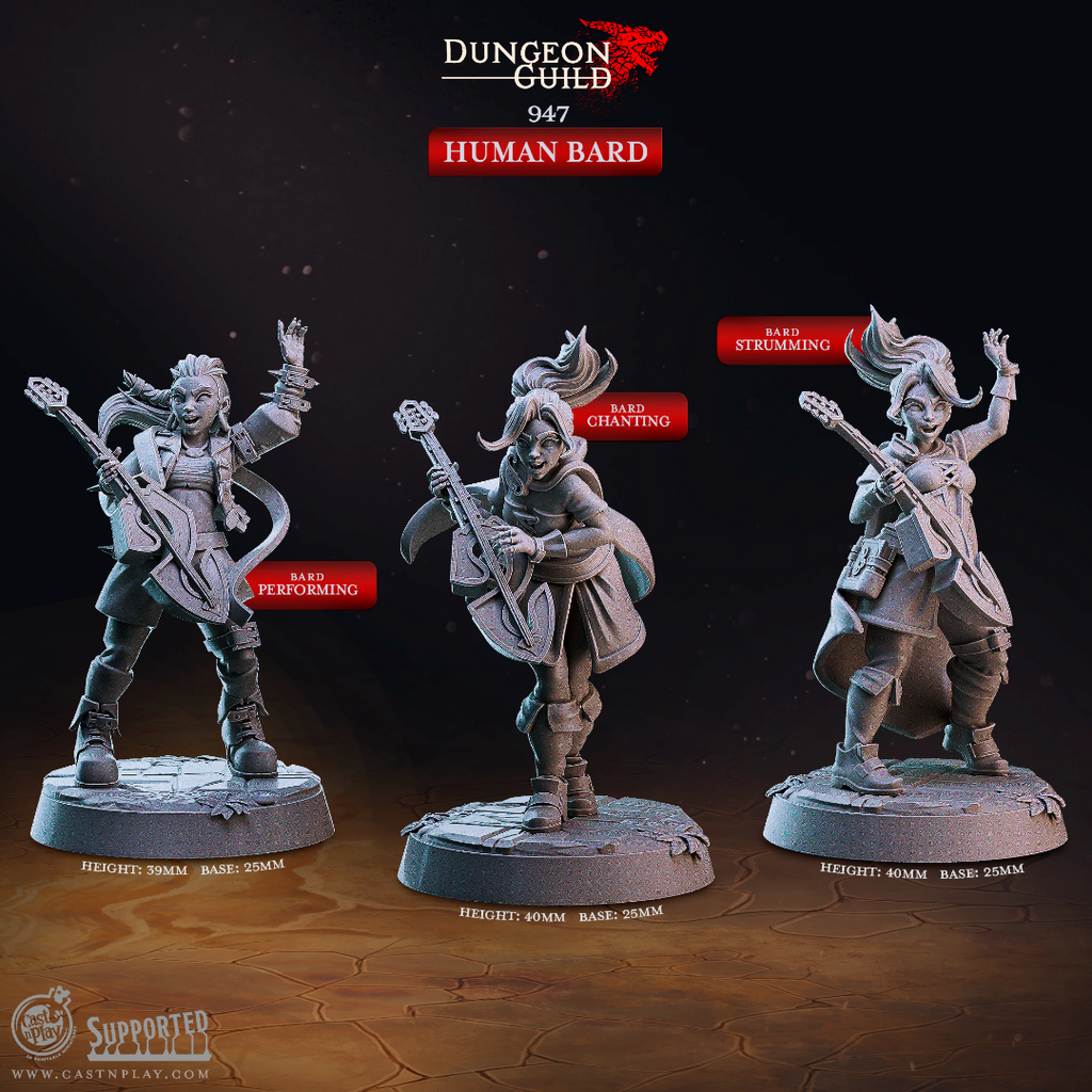 3D printed Female Human Bard miniature set featuring three resin sculpts in heroic 32mm scale for D&D, Pathfinder, and tabletop RPG games. Includes Performing, Chanting, and Strumming poses with lute instruments on textured 25mm bases from the Dungeon Guild collection.
